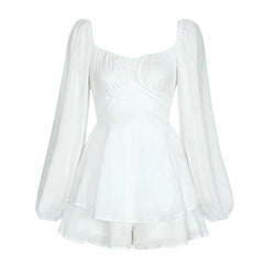 Women's Autumn Ruffled Dresses White Mini Dresses Square Neck Lantern Sleeve Long Sleeve Flounced Edge Casual Dress Female