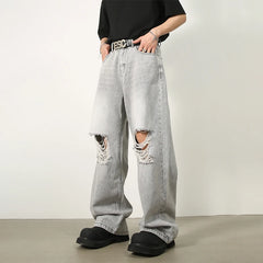 Voguable Ripped Jeans Men High Street Male Hip Hop Distressed Denim Wide Leg Pants Casual Trousers Vintage Streetwear Loose voguable