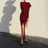 Voguable Sexy Backless Solid Slim Banquet Dress Lady Elegant Long Sleeve Split Evening Dress Autumn New Pleated O-neck Party Maxi Dresses voguable