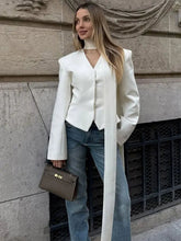 Elegant Female Striped Suit Coat For Women Scarf Lace-Up Patchwork V-Neck Long Sleeve Luxury Outwear Female Jackets Coat voguable