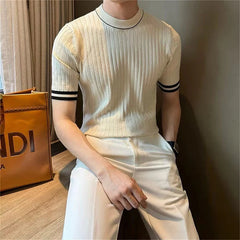 Men's Clothing Fashion Patchwork Tops Luxury High Quality Knit O Neck Short-sleeved T-shirt Leisure Popular Retro Slim Knitwear voguable