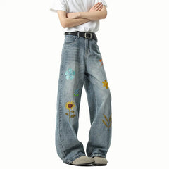 Jeans Men Washed Embroidered Jeans Loose Fit Straight Wide Leg Casual Denim Pants Fashion Trendy Streetwear Trousers Comfort voguable