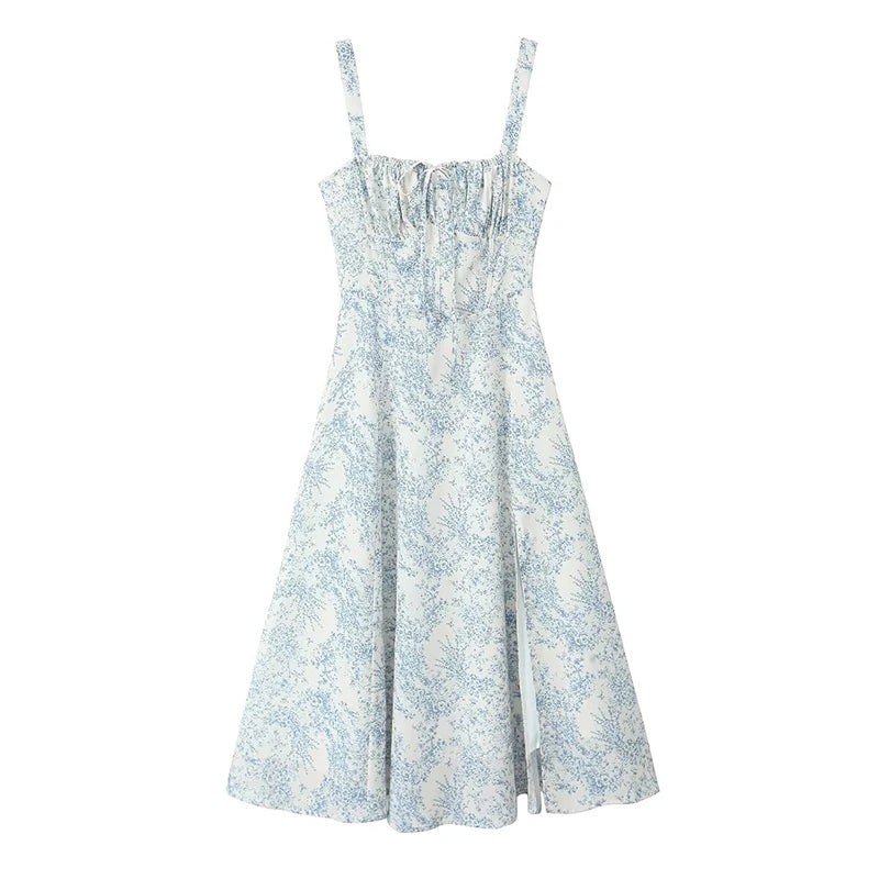 Sexy Elegant Women French Floral Print Sling Midi Dresses Front Slit Lacing Up Back Female A-line Summer Dress Holiday