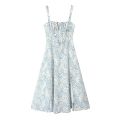 Sexy Elegant Women French Floral Print Sling Midi Dresses Front Slit Lacing Up Back Female A-line Summer Dress Holiday