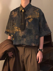 Summer American Trendy Casual Tops New Chinese Style Vintage Hong Kong Style Printed Short-sleeved Shirt Men's Loose Tops Chic voguable