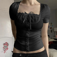 Fairycore Top y2k Women Sexy Coquette Clothes Lace Trim Square Collar Short Sleeve T Shirt 2000s Aesthetic Clothing voguable