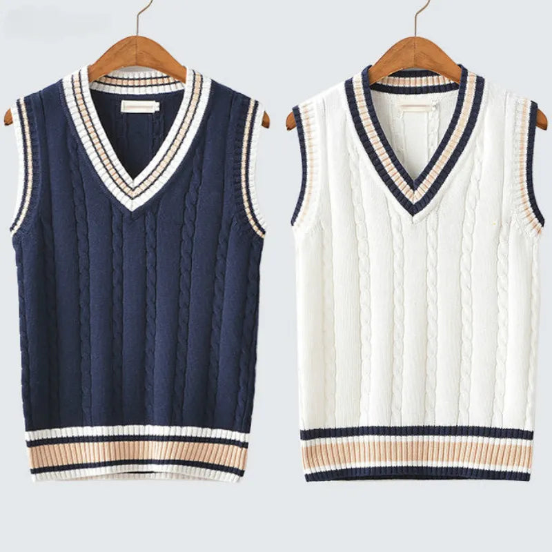 Sweater Vest Men Thicken V-neck Sleeveless Knitted Sweaters Vests Striped Retro Preppy-style Simple Chic Loose Casual All-match voguable