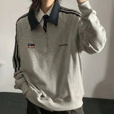 American Style Vintage Autumn Winter Sweatshirts Women Lapel Patchwork Half Zipper Label Preppy Style Long Sleeve Loose Hoodies voguable