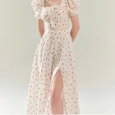 YENKYE Summer 2024 Women French Style Lacing Up Square Neck Floral Print Dress Sexy Slit Puff Sleeve Ladies Elegant Holiday Robe voguable