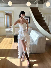 Y2K Streetwear Lace Camisole Dress Women Aesthetic Ruffle Slim Irregular Midi Dress Summer Club Party All Match Ladies Vestidos voguable