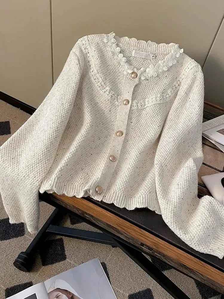 Floral Elegant Cardigan Women Vintage Sweet Long Sleeve Knitted Sweater French Retro Casual O Neck Design Fall Ins Tops Coats voguable