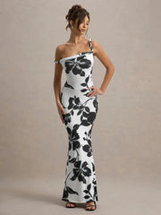 Leopard Print Incline Shoulder Sexy Maxi Dress Women Fashion Irregular Sleeveless Backless Club Party Long Dress voguable