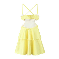 YENKYE Summer Women Sexy Backless Thin Straps Yellow Satin Mini Dresses Party Vestidos voguable