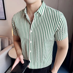 Men Striped Shirt 2024 Summer Light and Thin Breathable Sweat Absorbing Short Sleeved Slim Fit Casual Pleated Shirt Men clothing voguable