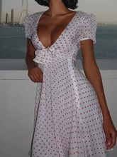 Voguable Chic Polka Dot Bow Mini Dress Women Casual Short Puff Sleeve Deep V-neck Slim A-line Dresses Lady Vacation Beach Vestido voguable