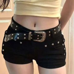 American Hot Girl Dark Y2k Hip-packing Black Pants Rivet Design Sense Denim Shorts Women's Low Waist Slim Hot Pants voguable