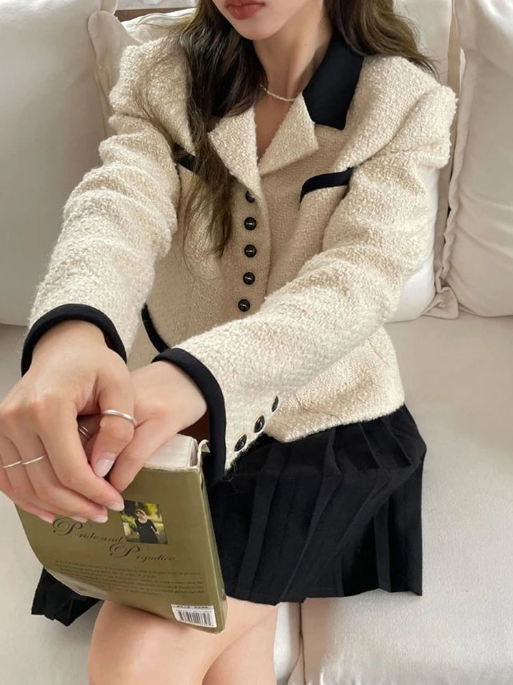 Voguable  Office Lady Chic Elegant Tweed Jacket French Sweet Long Sleeve Coat Women Fashion Turn Down Collar Fall Winter New Tops voguable