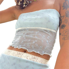 y2k Tube Top Women Aesthetic Clothes Floral Lace Patchwork Off Shoulder Strapless Sleeveless Tanks 2000s Streetwear voguable