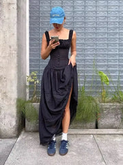 YENKYE Women Sexy Ruched Chest Corset Style Sling Long Dress Low Waist Sleeveless Female Holiday Summer Robe voguable