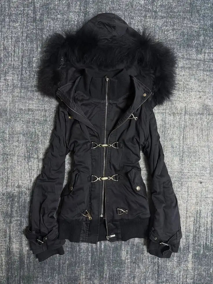 Voguable WomenBlack Hooded Parka Jacket with Big Faux Fur Collar Gothic Metal Buckle Zip Up Slim Fit Winter Warm Coat Streetwear Y2K voguable