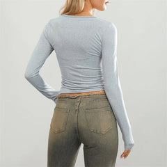 y2k Crop Tops Women Spring Autumn Solid Color Round Neck Long Sleeve Tshirt 2000s Tees Casual Clothing Streetwear voguable