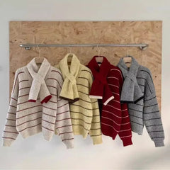 Women's Striped Sweater with Scarf Chunky Knit Loose-fit V-Neck Pullover Striped Jumper Ladies Autumn Winter Classic Chic Outfit voguable