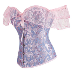 Voguable Womens Bustier Overbust Corselet Lace Up Short Sleeve Sheer Corset Bluse Costume Crop Top voguable