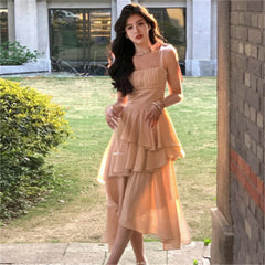 Voguable Summer Fairy Backless Slash Neck Solid Color Suspender Dresses Women High Waist Chiffon Slim Fit Evening Dress voguable