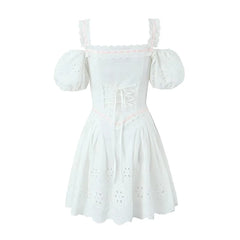 Voguable 3 Ways Wear White Embroidery Dress Short Puff Sleeve Mini Birthday Party Dresses Women Lacing Up Holiday Vacation Dress voguable