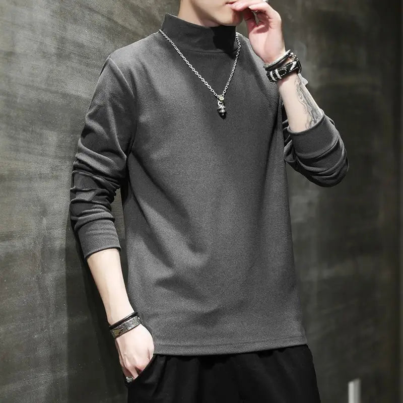 Autumn Winter New Fashion Half High Collar Long Sleeve Pullovers Men's Clothing Solid Color Casual Bottoming Shirt Korean Tops