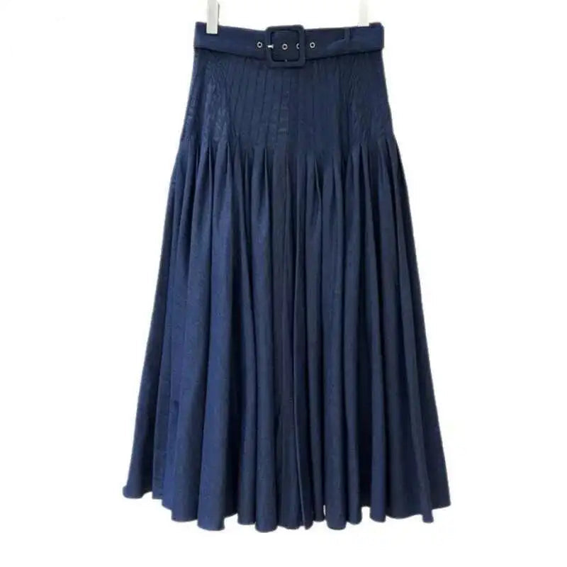 Fashion Pleated Denim Skirt Women's High Waisted Large Swing Long Skirts 2025 Summer New Tide voguable