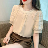 Voguable French Round Collar Ruffle Puff Sleeve Blouse Women's Summer New Fashion Elegant Slimming Short Sleeve Versatile Top voguable