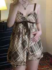 Sweet Plaid Bow Cute Simple Camisole Dresses Tops Fashion All-Match Retro Women Home Clothing voguable