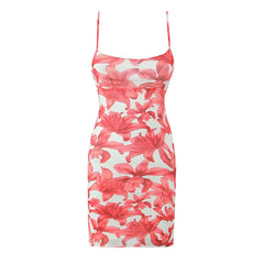 Sexy Women Floral Print Sling Mesh Dresses Thin Straps Skinny Slim Waist Hem Slit Bodycon Mini Dress Summer Robe voguable