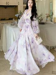 Elegant Print Purple Long Korean Prom Dresses For Women Summer Sea Beach Holiday Slim Waist V-Neck Fashion New Dress Basics voguable