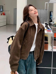 American Y2K Jacket Women Vintage Loose Faux Suede Long Sleeve Casual Coat Hip Hop Fall Winter Lady Streetwear New Outwear voguable