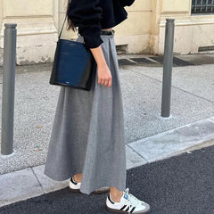 Retro Chic High Waist Gray Elegant Women Skirt Solid Color Zipper Pleat Long Skirt Fashion Office Lady Woman Clothing 2025 New voguable
