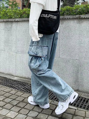 Baggy Jeans Men's Oversize Streetwear Fashion Wide Leg Cargo Pants Hip Hop Harajuku Multi-Pocket Denim Trousers Black Blue voguable