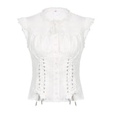 Voguable Bandage Design Single-breasted Shirt Coquette Aesthetic Sweet Drop Sleeves Tops Court Style Fairycore Blouse Cute Tanks voguable