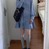 Voguable England Preppy Style Blue Plaid Shirt Dress New Spring Autumn Cootrast Color Polo Neck Loose Long Sleeve Patchwork Vintage Dress voguable