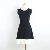 Pearl Beading Elegant Short Dress Fashion Black White Patchwork Knitting Summer Dress 2025 Sleeveless Ruffle Chic New Dress Lady voguable