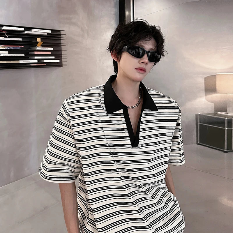 Men Loose Fit Striped Polo Shirt Casual Fashion Collar T-Shirt man Breathable Streetwear Summer Top Tee Trendy Mens Clothing voguable