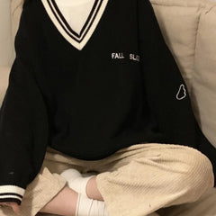 Voguable Thick Women Sweatshirt Winter Fashion V Neck Embroidery letter Pullover All Match Loose Long Sleeve Warm Black Tops New voguable