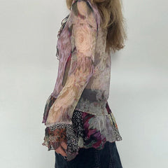 Vintage Transparent Crop Top with Slit 90s Mesh Print Ruffles Patchwork Full Sleeve Bandage Women T-shirt Grunge y2k Tees voguable