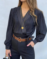 Voguable Women's Satin Shirt V-neck Lace up Detail Waistband Casual Texture Top for Autumn Winter Overlapping Design New Clothing voguable