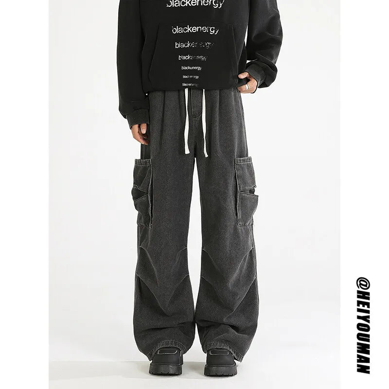 Loose straight Jeans Men Denim Cargo Pants Wash Solid Color Multi Pockets Casual Mid Waist Trousers Unisex Daily Wear Joggers voguable