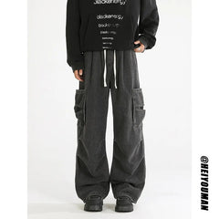 Loose straight Jeans Men Denim Cargo Pants Wash Solid Color Multi Pockets Casual Mid Waist Trousers Unisex Daily Wear Joggers voguable