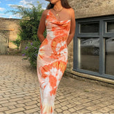 Voguable European and American summer hit tie-dye print sexy back -strap mid-long suspender dress voguable