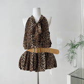 Voguable Retro Leopard Chiffon Dress Women Streetwear Sexy V Neck Slim Belt Mini Dress Halter Sleeveless Backless Fashion Female Dress voguable
