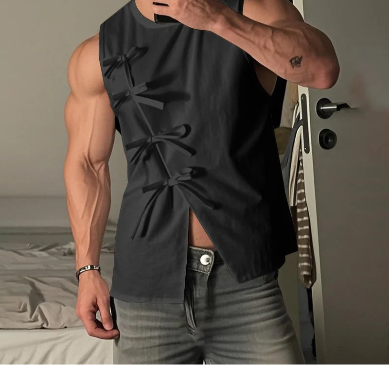 Summer Sleeveless Men Tanks Tops Bow Solid Color O Neck Tops Tee Male Vests Fashion Oversize Streetwear Slit Tops S-5XL voguable